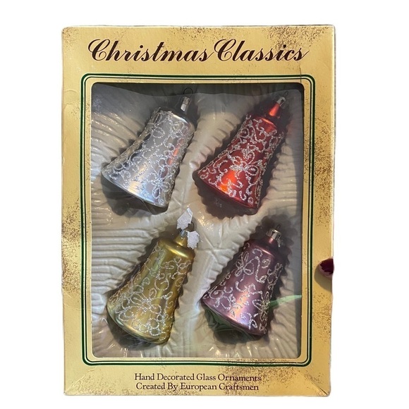 Vintage Glass Bell Ornament Set Christmas Classics European Hand Decorated Red - Picture 1 of 6